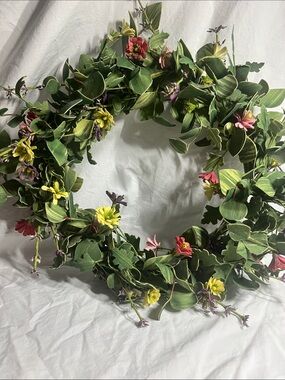 Spring Floral Green Wreath with Pink, Yellow and Purple Flowers
